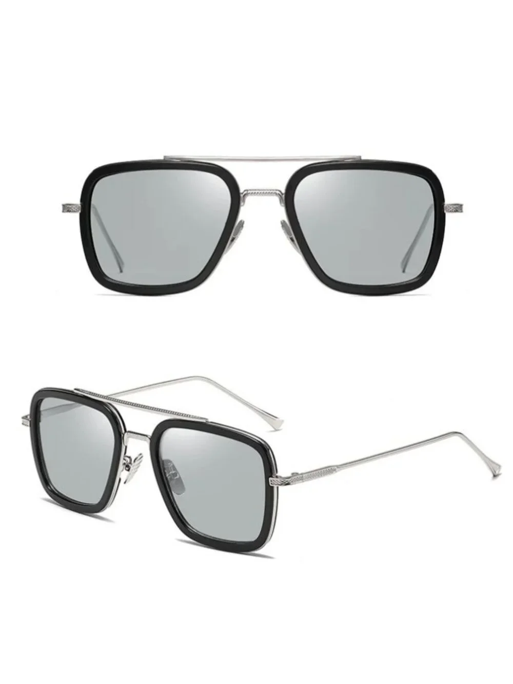 Square Aviator Unisex Sunglasses With Silver Frame And Gradient Black/Grey Lense